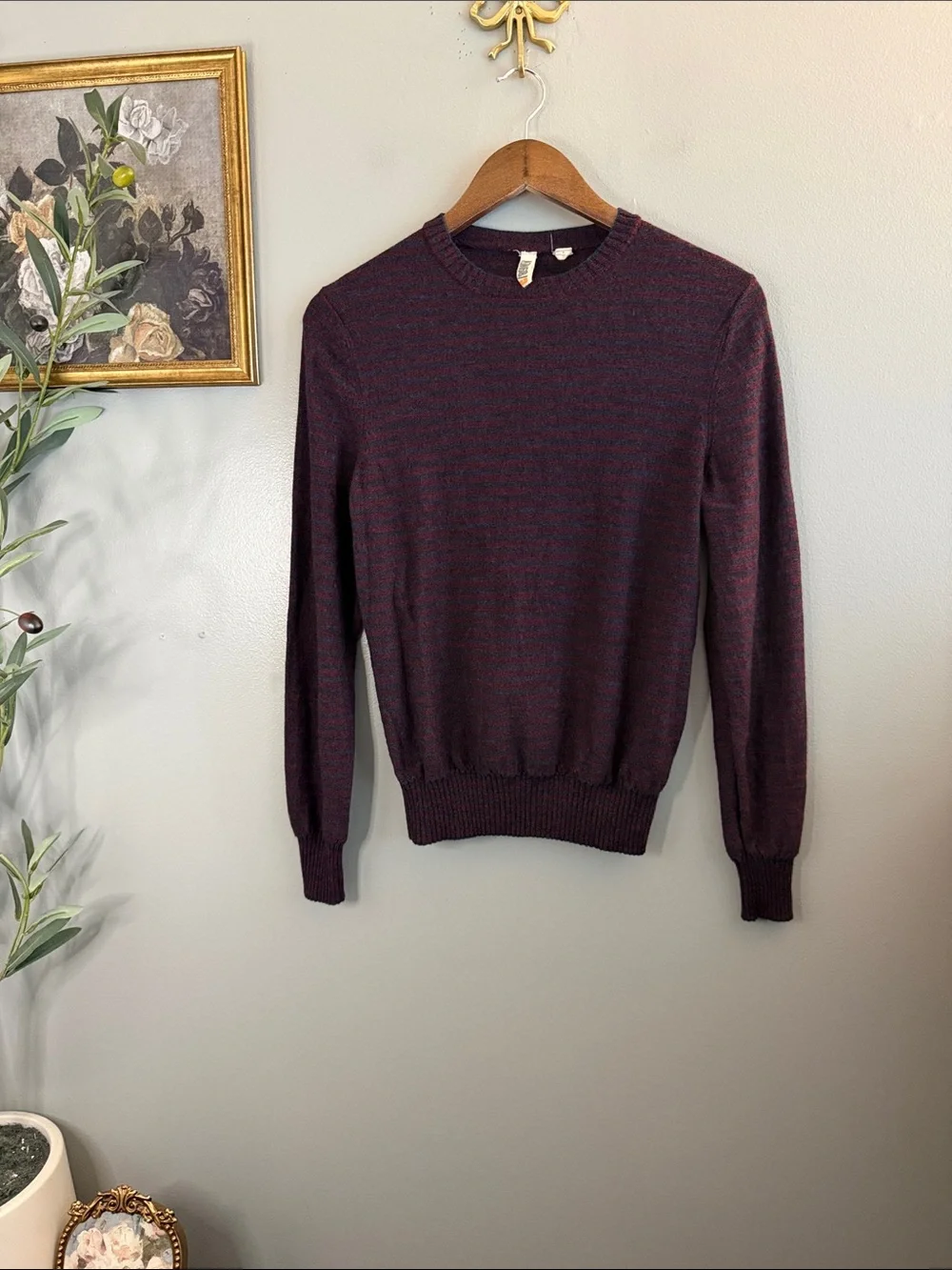 C/89Men Men’s Small 100% Merino Wool Striped Crewneck Sweater Burgundy Navy